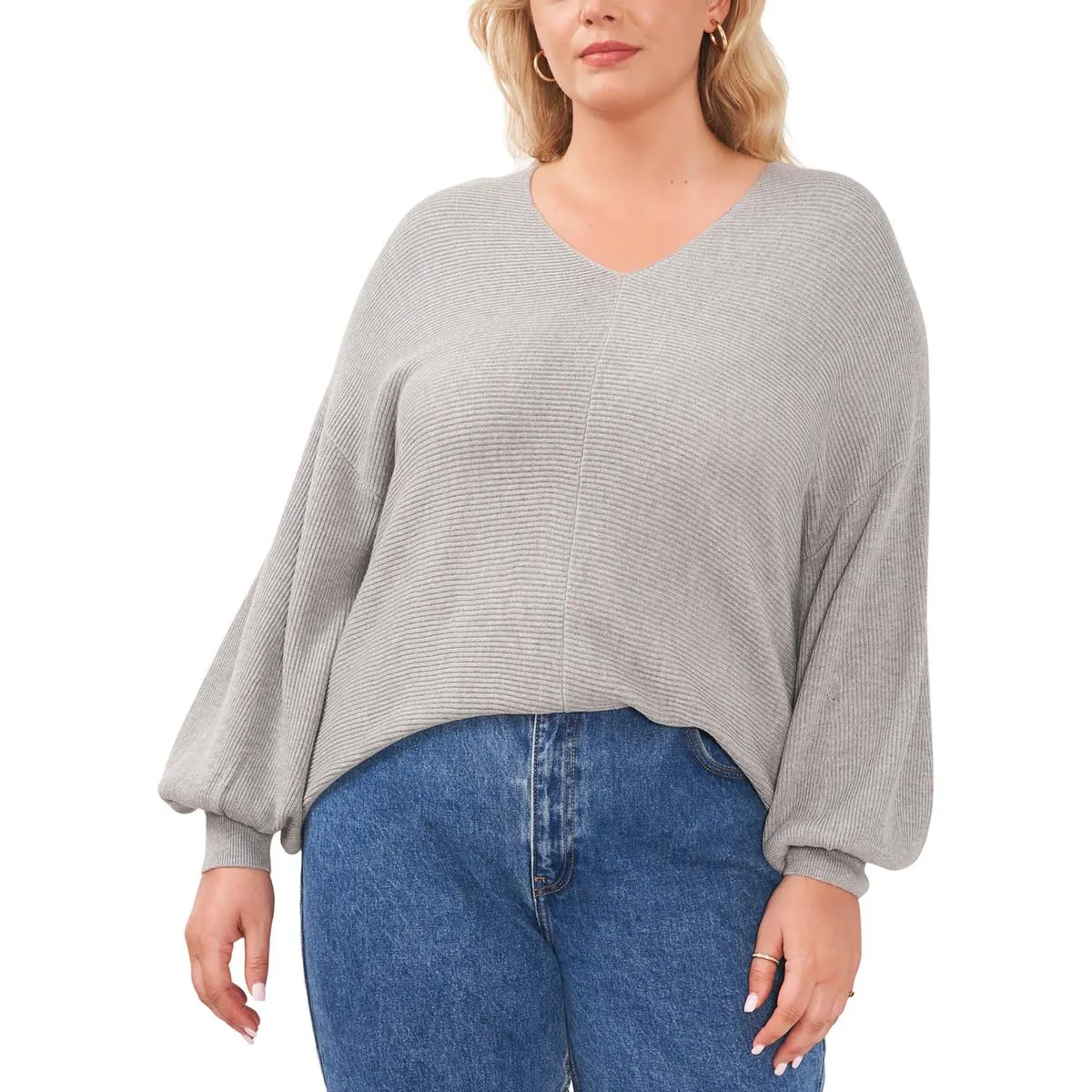 1.State Womens Plus V-Neck Bubble Sleeve Pullover Sweater