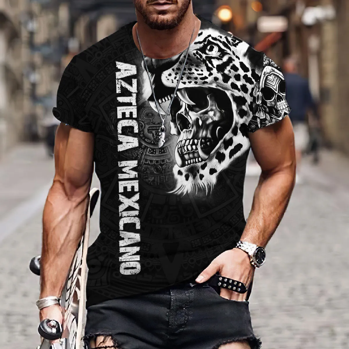 3D All Over Print Mexicano Shirt, Jaguar Skull Azteca Panther T-Shirt, Best Gift Shirt for Him