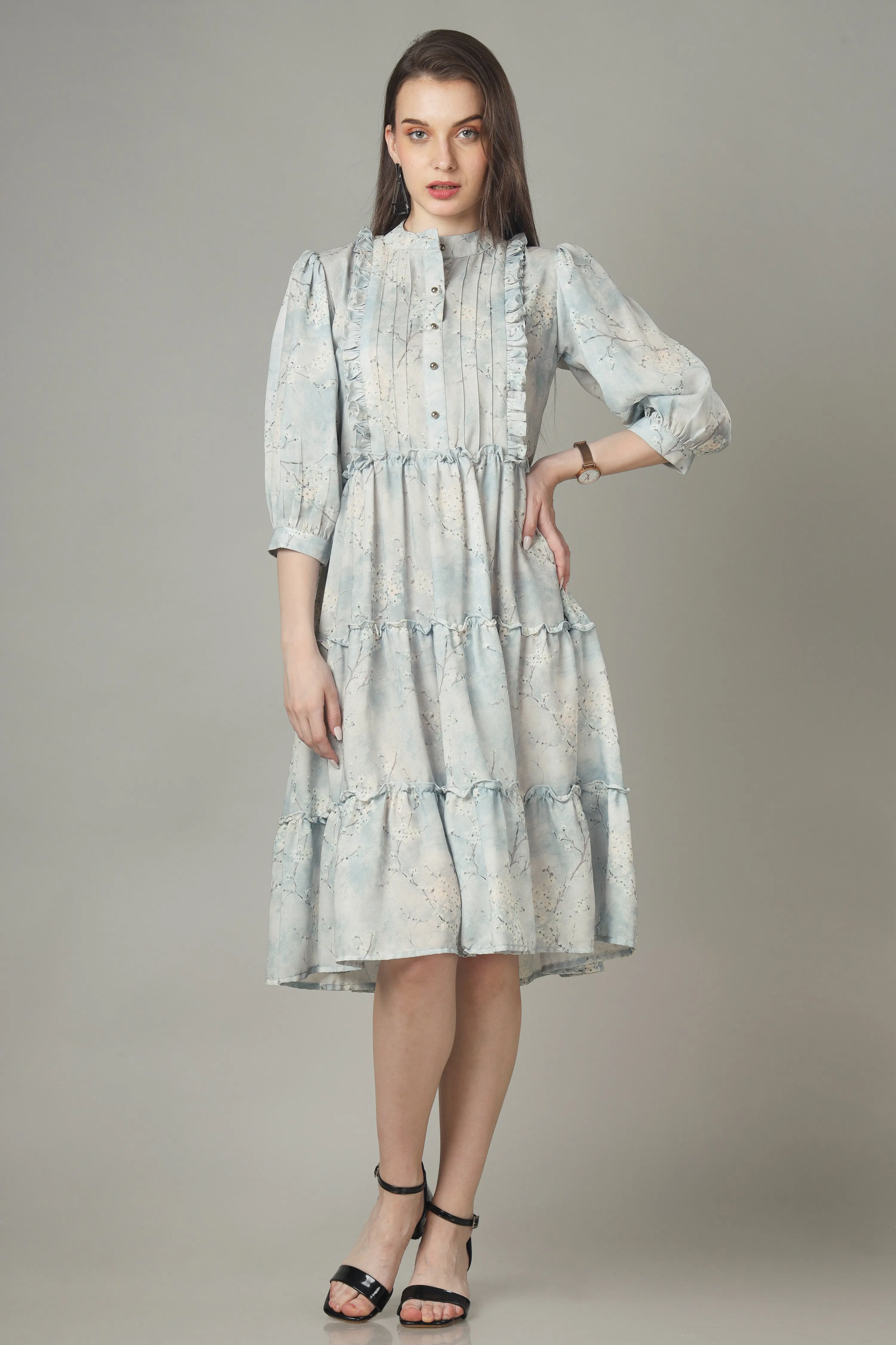 A-Line Floral Button Down Tiered Shirt Dress