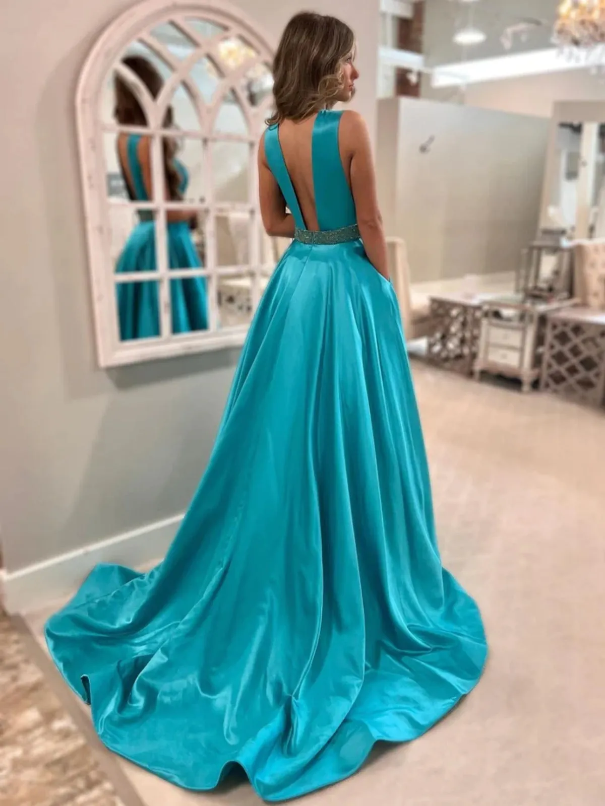 A Line V Neck Aqua Satin Long Prom Dresses with Belt, V Neck Aqua Formal Graduation Evening Dresses SP2603