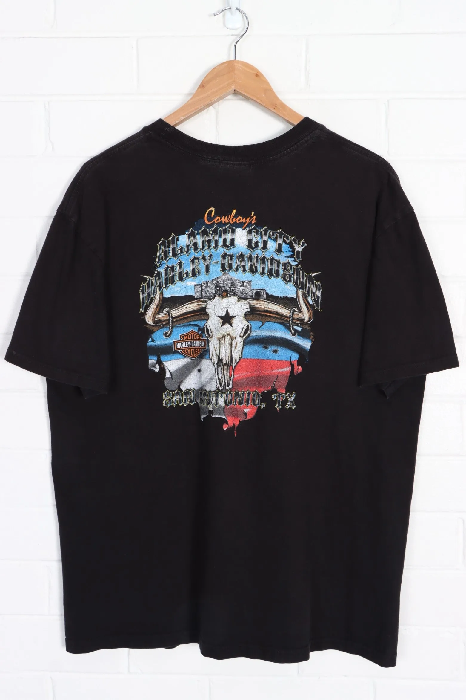 Alamo City HARLEY DAVIDSON Longhorn Skull Front Back Tee (XL)