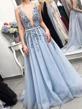 Blue Tulle Beaded V-Neck Backless A-Line Prom Dress, PD2306012