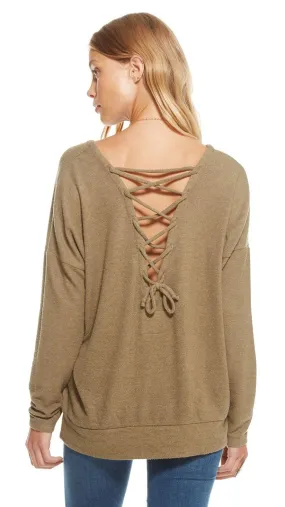 Chaser Love Knit Lace Up Back Drop Shoulder Pullover