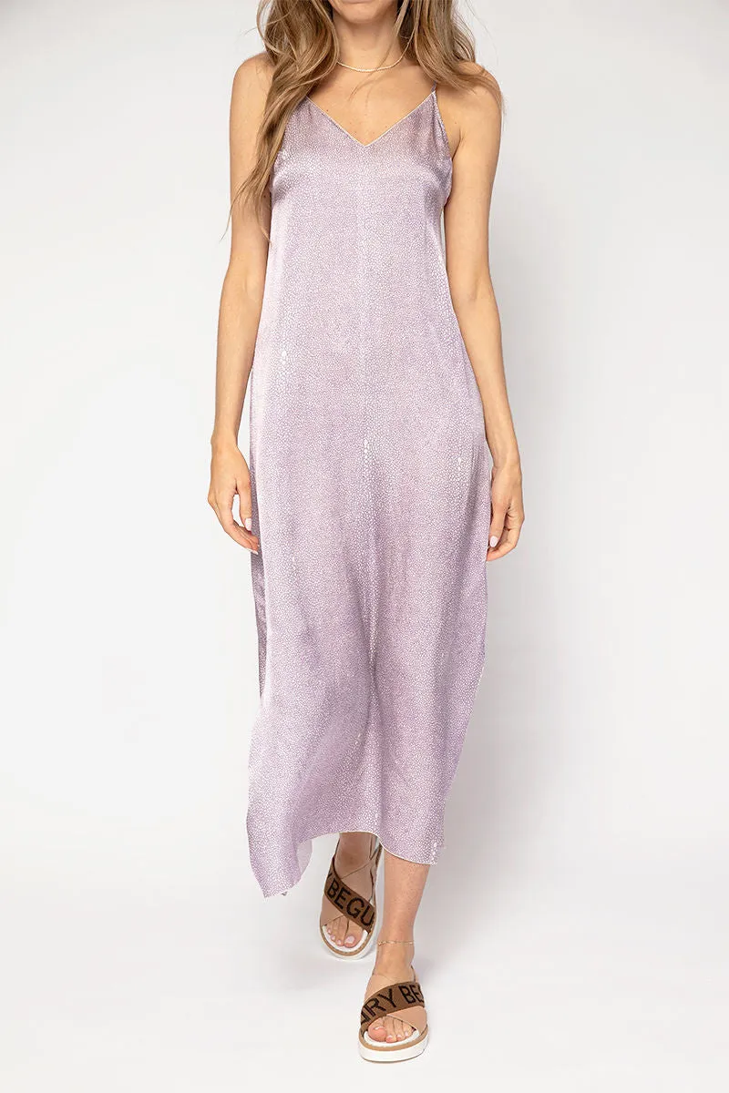 Cloquet Silk Satin Slip Dress in Lilac Twinkle Print