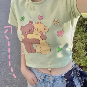 CUTE “HUG BEAR”PRINT MATCHA GREEN T-SHIRT BY22325