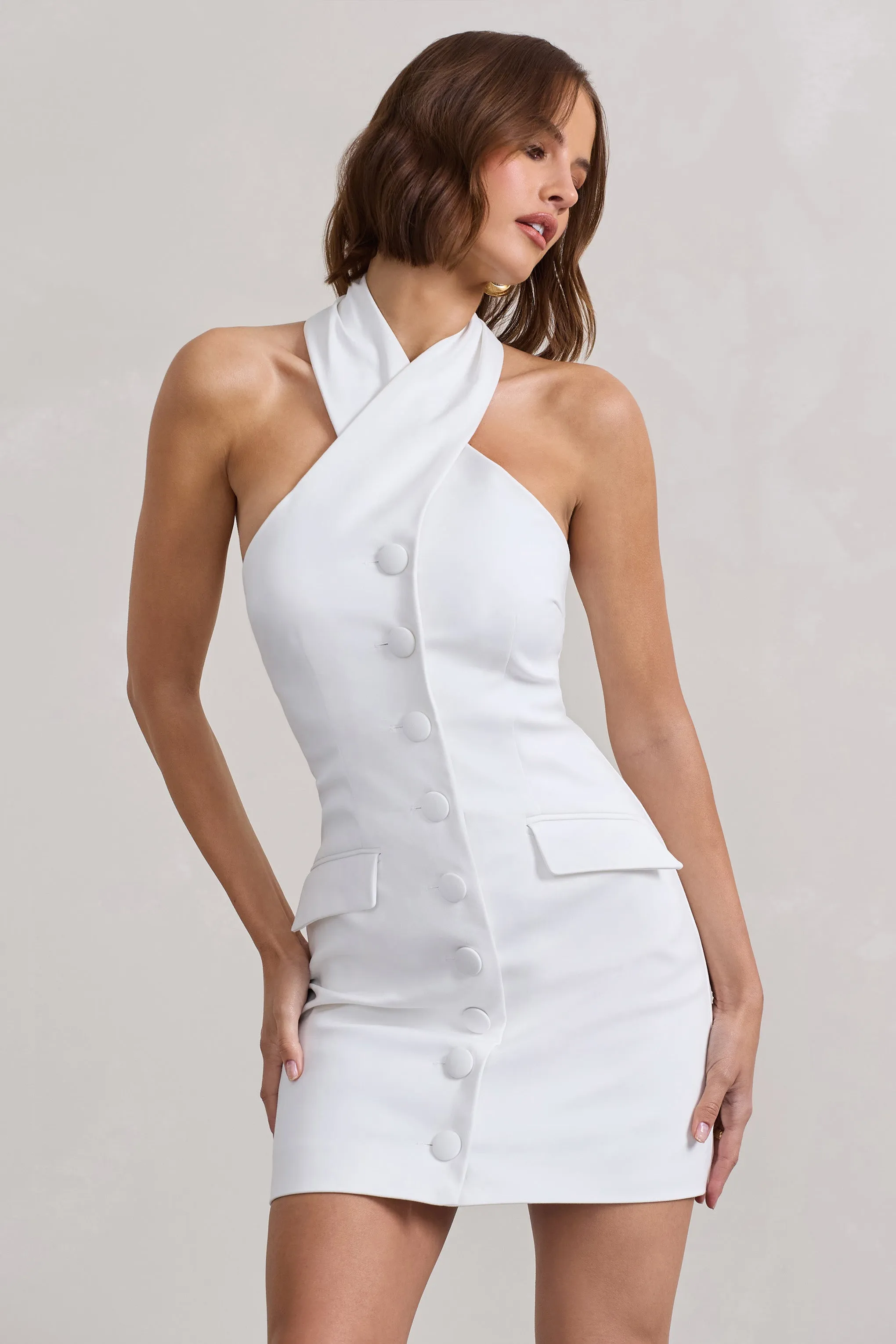 Dani | White Halter Neck Tailored Buttoned Bodycon Mini Dress