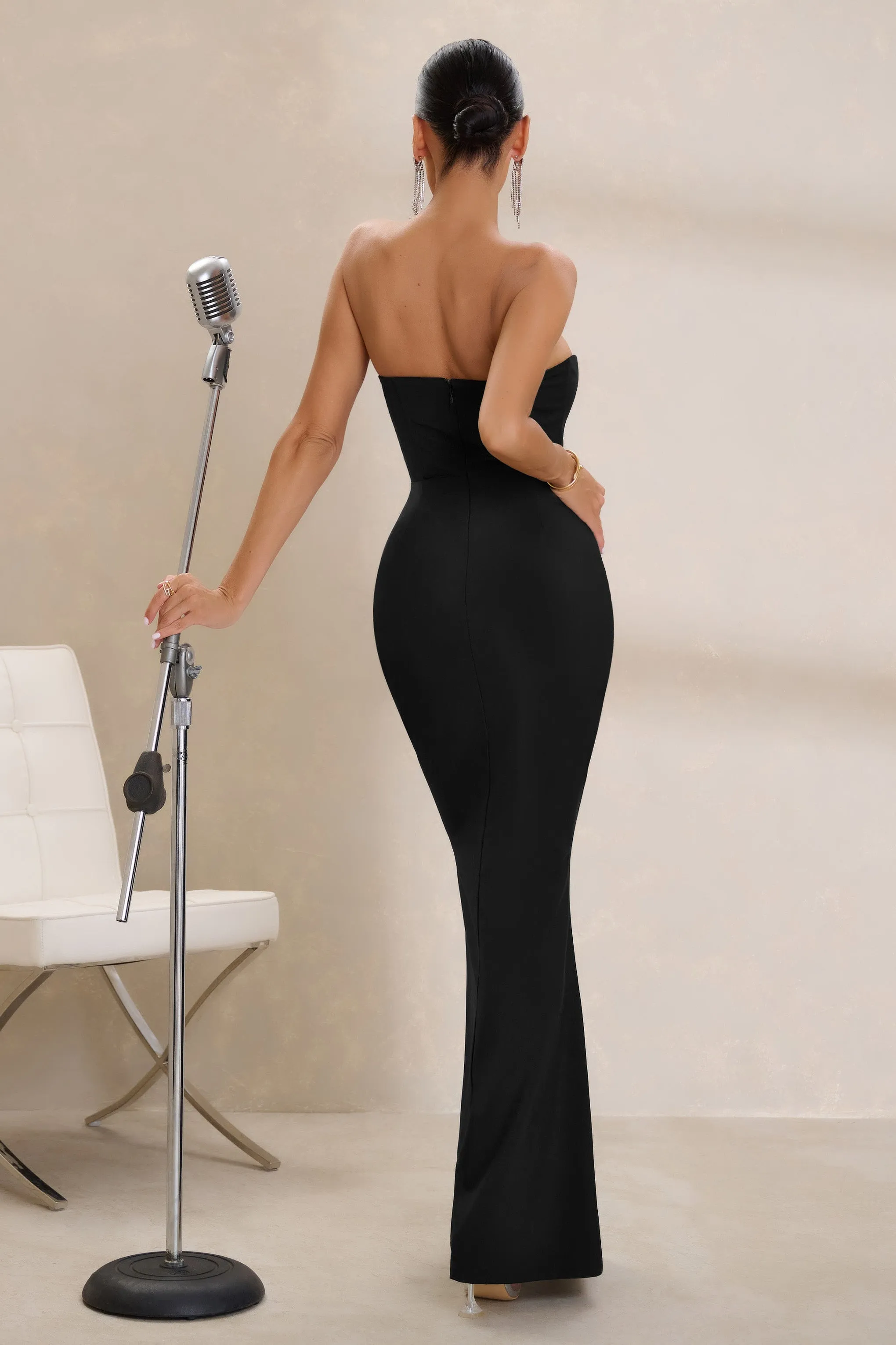 Daphne | Black Bandeau Corset Thigh Split Maxi Dress