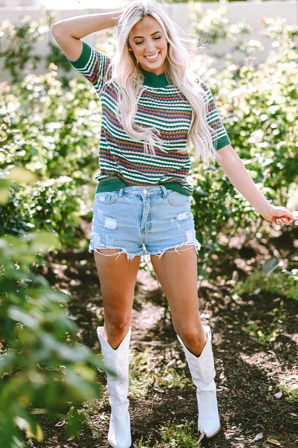 Dark Green Striped Pattern Contrast Trim Pointelle Knit T Shirt