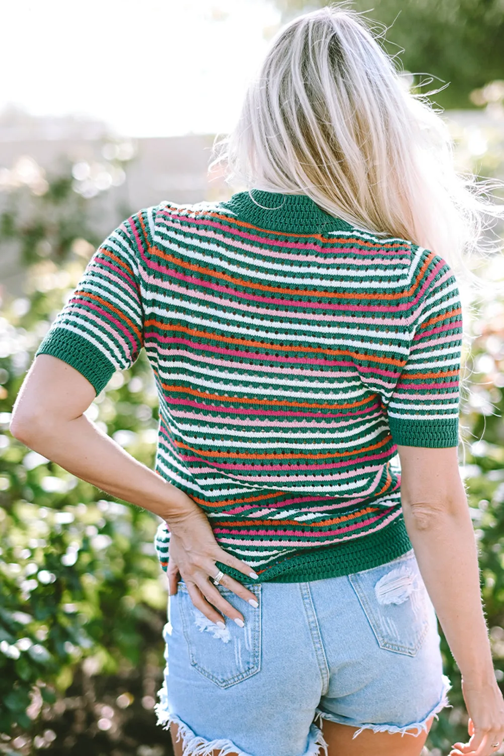 Dark Green Striped Pattern Contrast Trim Pointelle Knit T Shirt