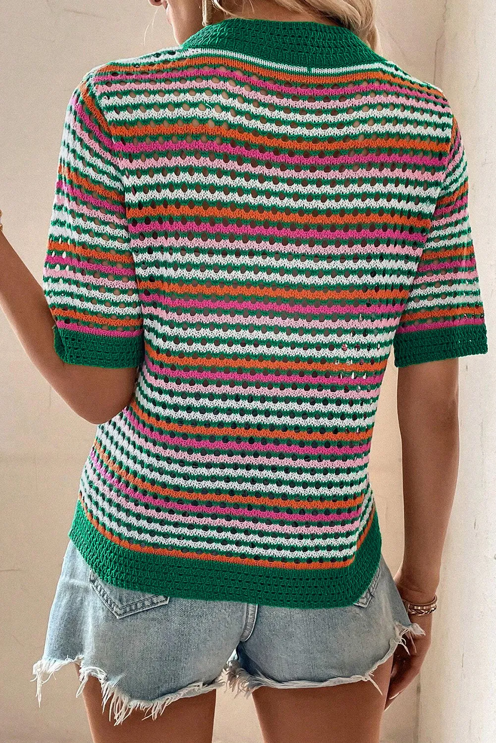 Dark Green Striped Pattern Contrast Trim Pointelle Knit T Shirt