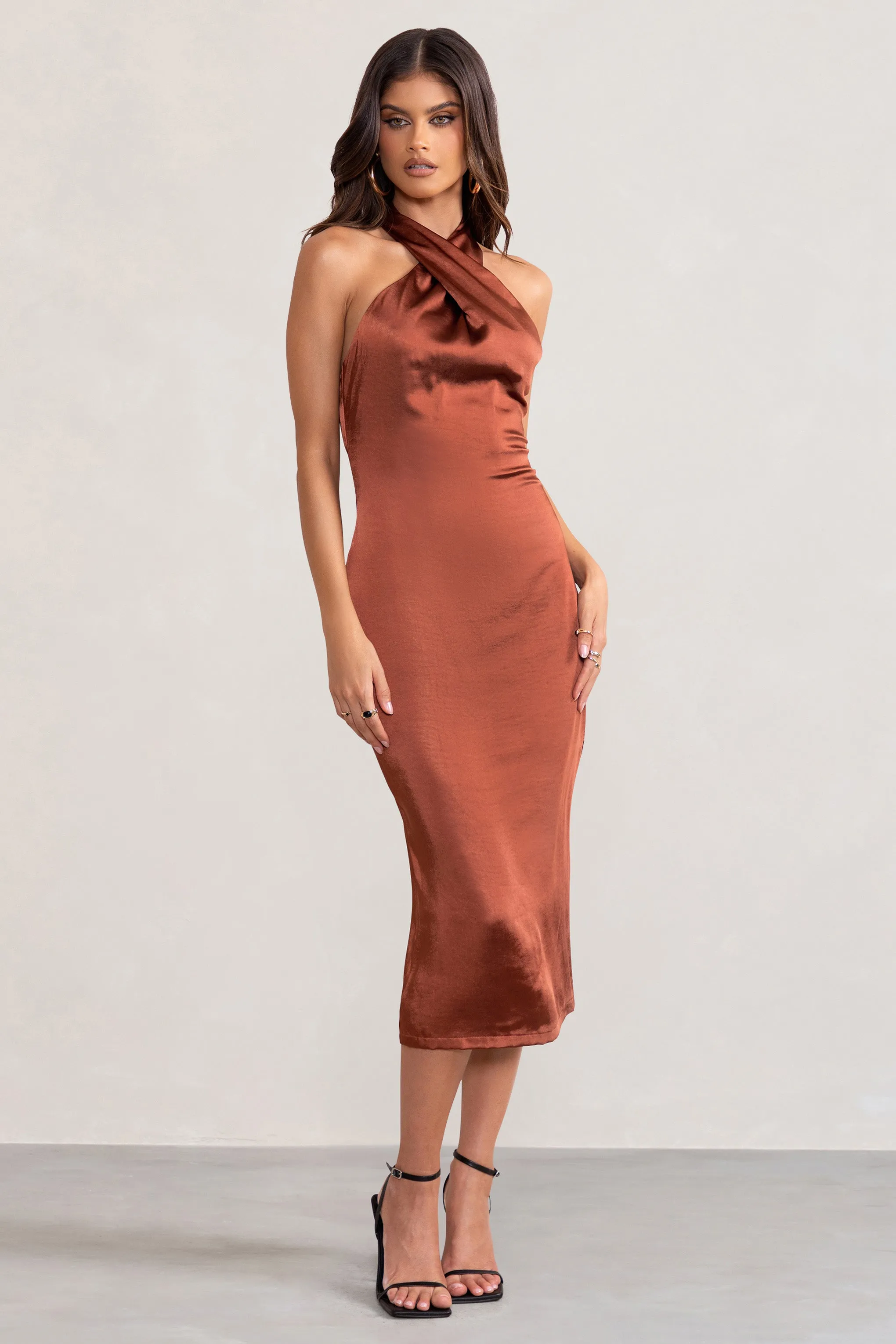 Dazzling | Rust Satin Cross Over Halter Neck Midi Dress