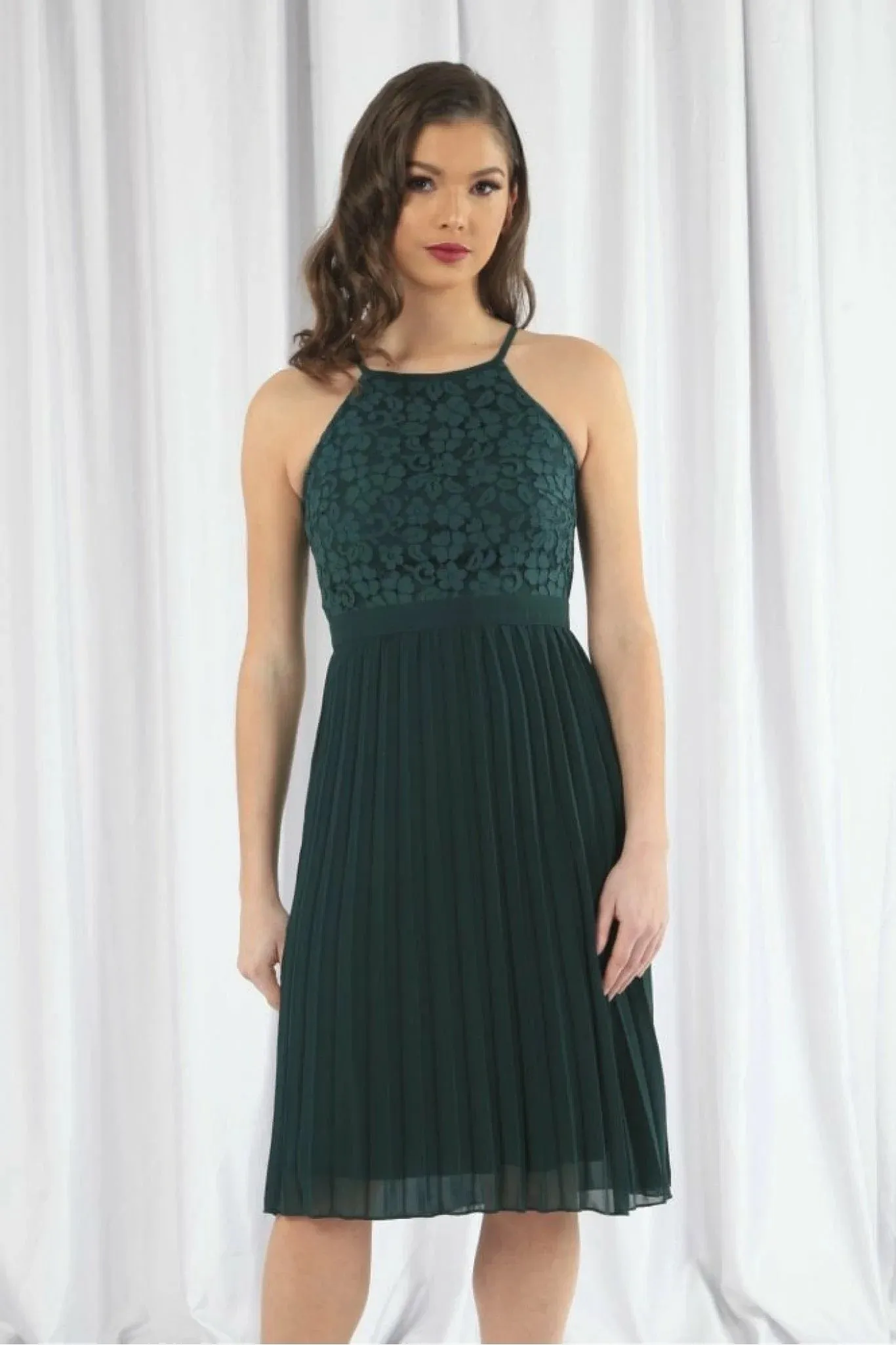 Double Second Green Halter Neck Pleated Lace Dress