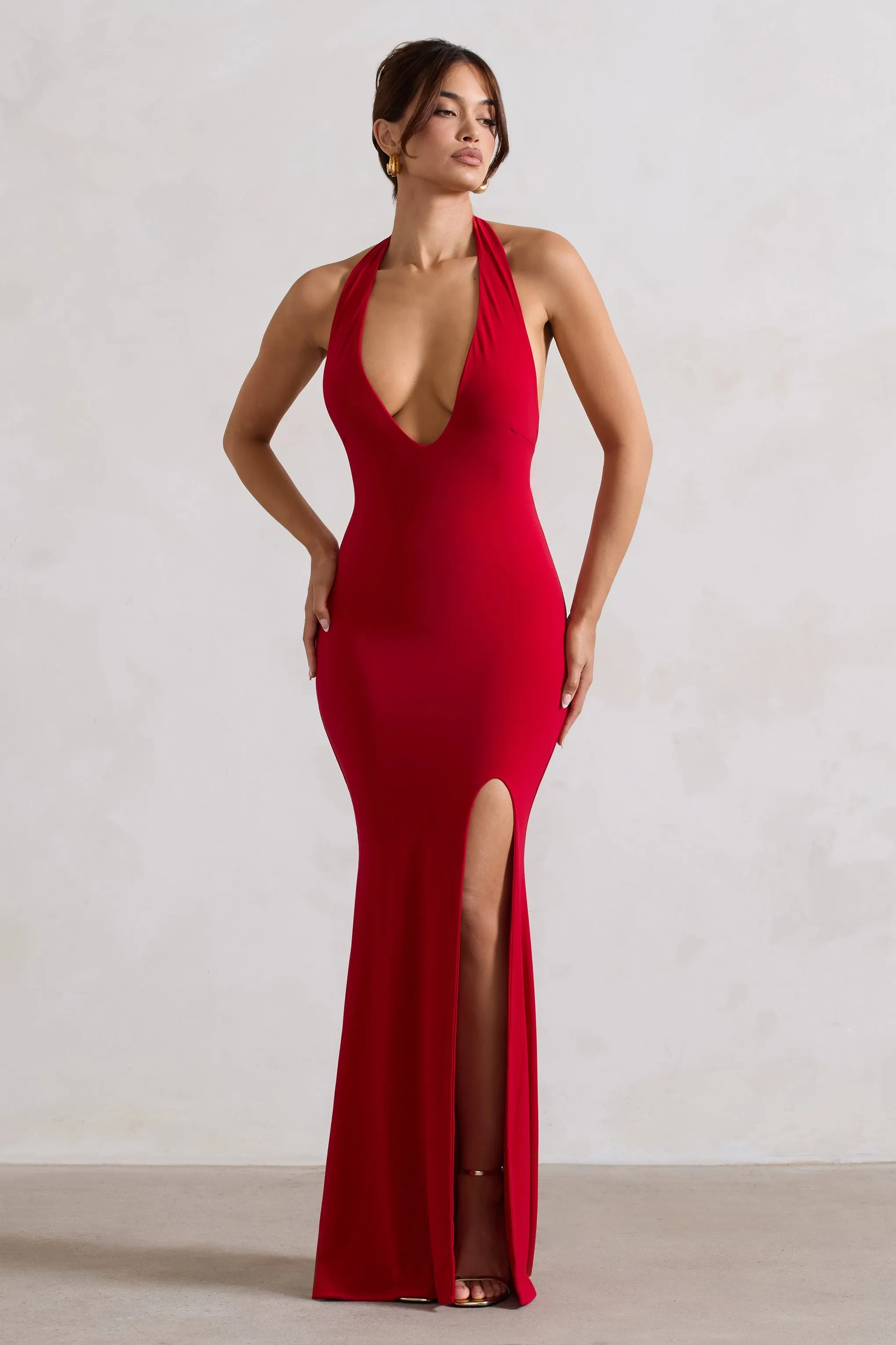 Glamour | Red Backless V Plunge Halter Neck Maxi Dress With Side Split