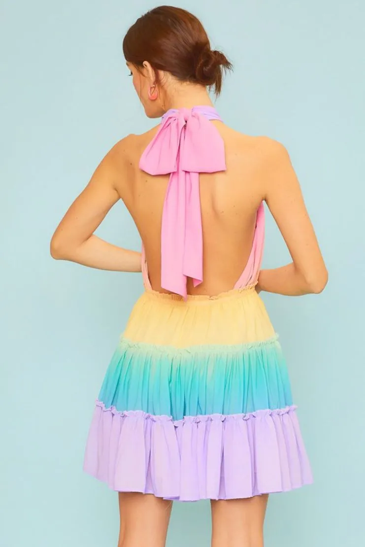 Hailey Rainbow Ombre Tiered Halter Mini Dress