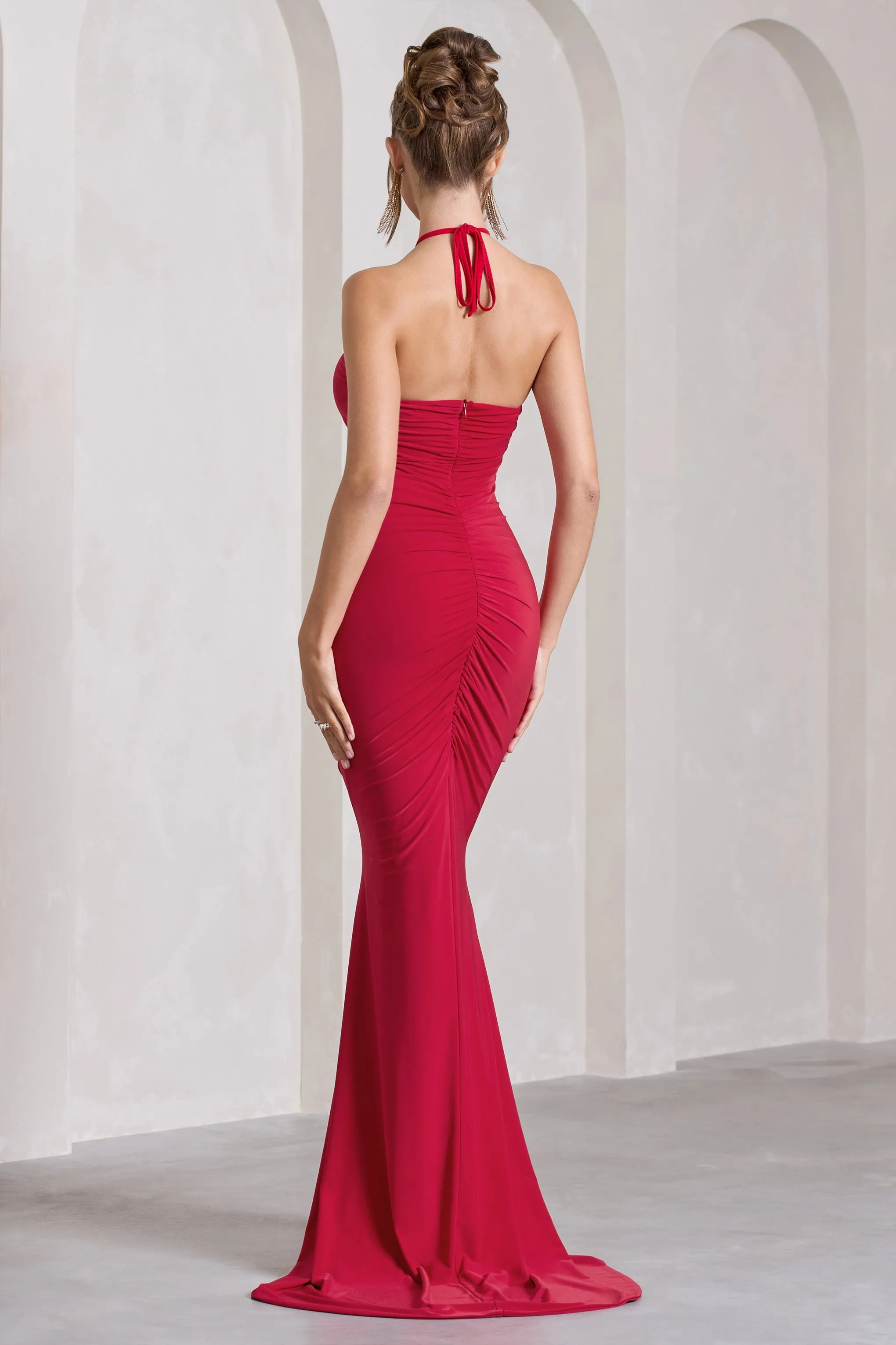 Holly | Red Ruched Halter-Neck Split Fishtail Maxi Dress