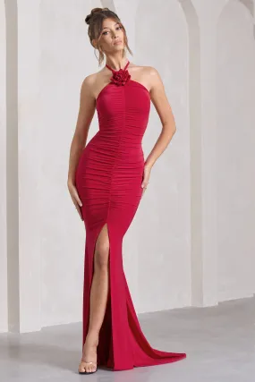 Holly | Red Ruched Halter-Neck Split Fishtail Maxi Dress