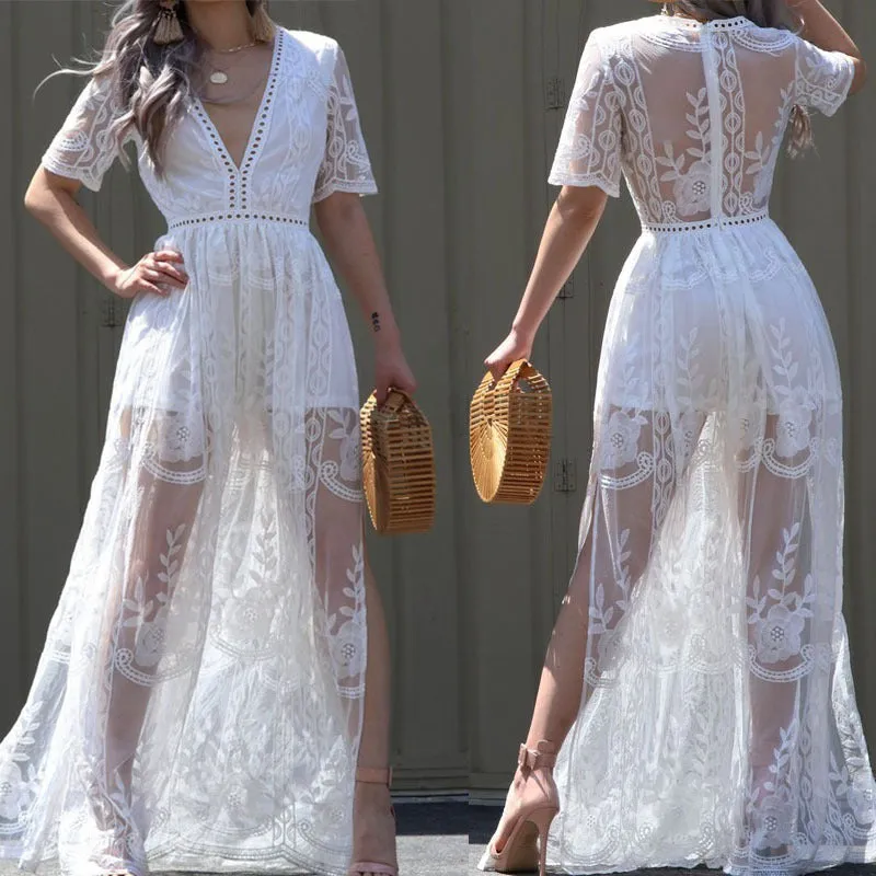 Lace See-Through Slit Maxi Dress