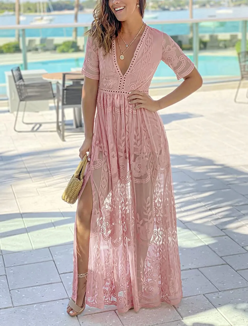 Lace See-Through Slit Maxi Dress