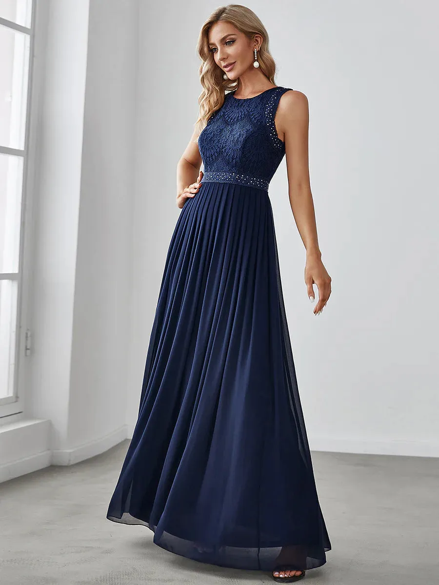 Lace Top High-Neck Flowy Evening Dress