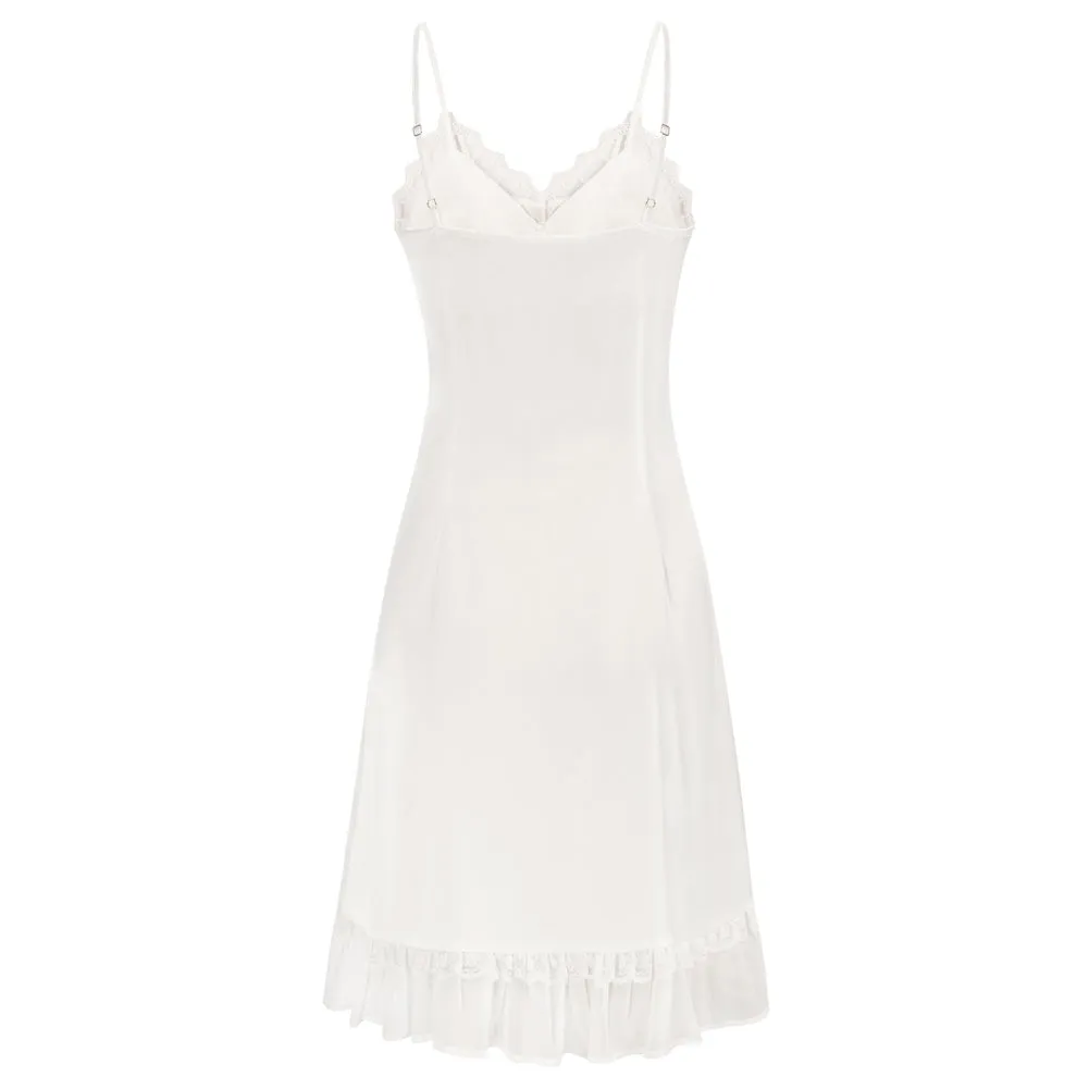 Lace Trim Full Slip Comfy Spaghetti Strap V-Neck Ruffled Hem Slip Dress