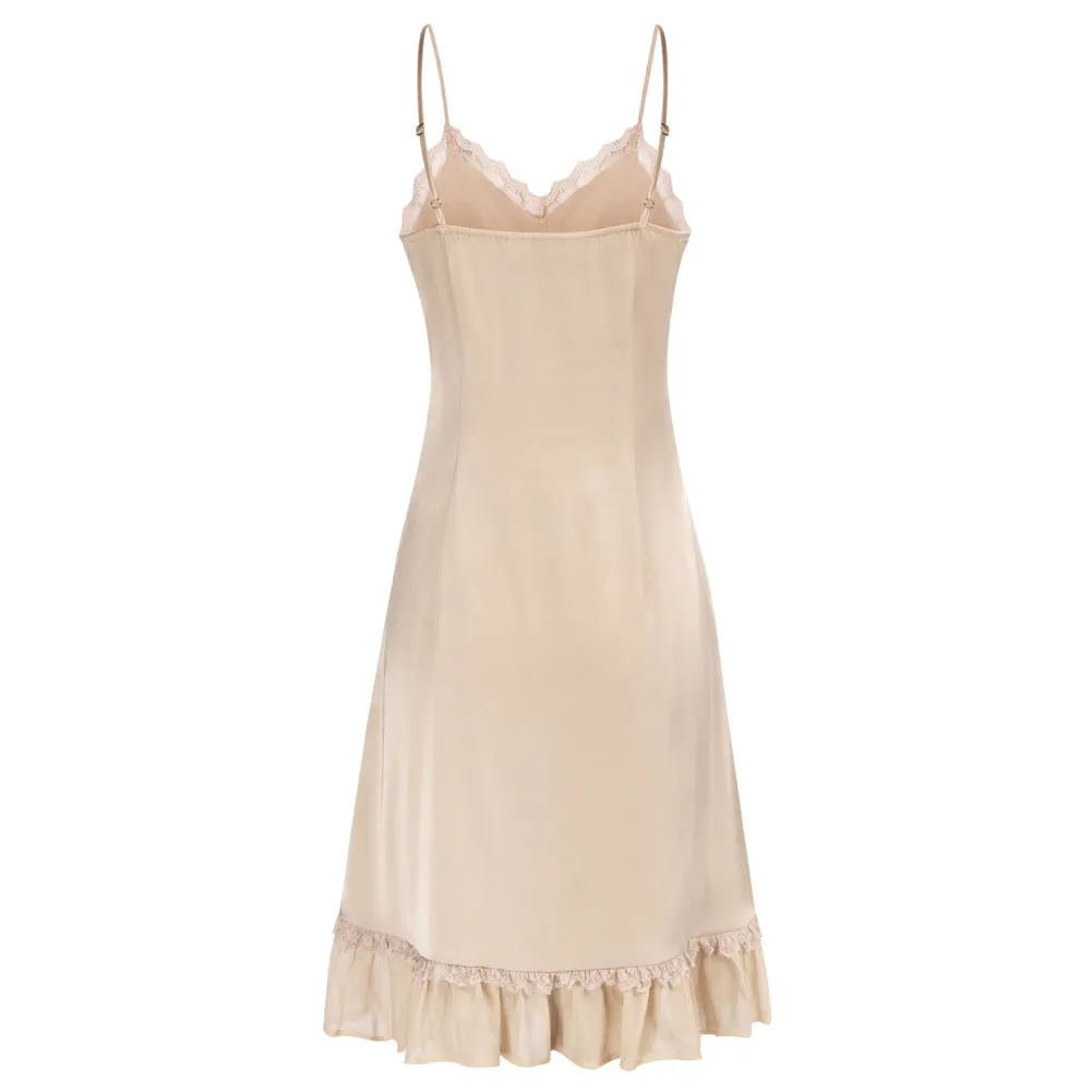 Lace Trim Full Slip Comfy Spaghetti Strap V-Neck Ruffled Hem Slip Dress