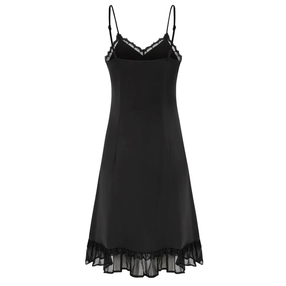 Lace Trim Full Slip Comfy Spaghetti Strap V-Neck Ruffled Hem Slip Dress