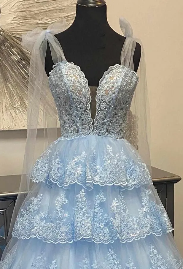 Light Blue Tulle/Lace Ball Gown Long Prom Dress with Ruffle Skirt PC1300