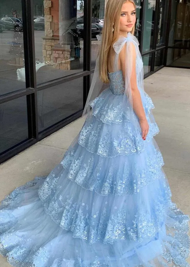 Light Blue Tulle/Lace Ball Gown Long Prom Dress with Ruffle Skirt PC1300