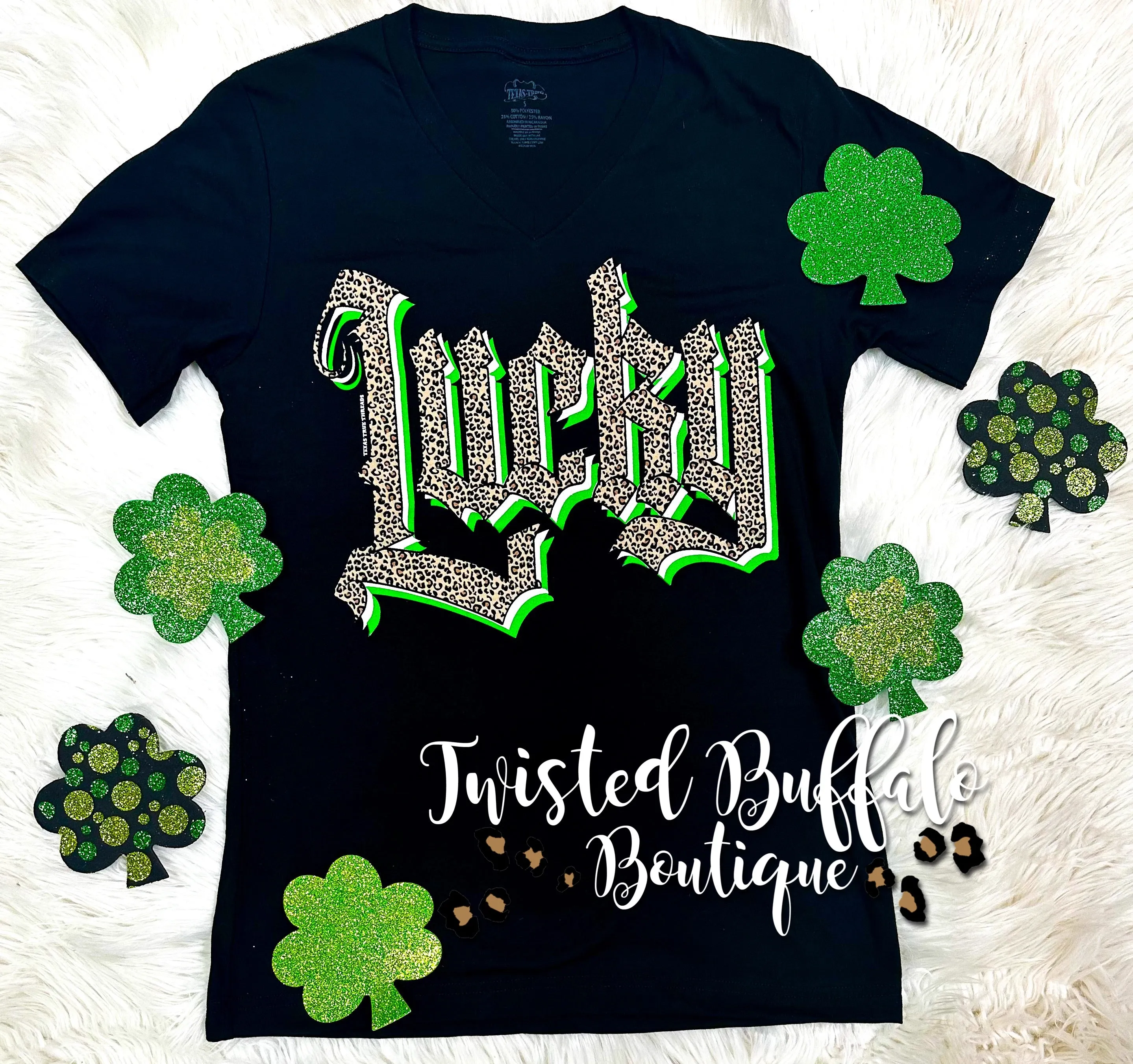 {LUCKY GRAFFITI LEOPARD} Black V-Neck Tee