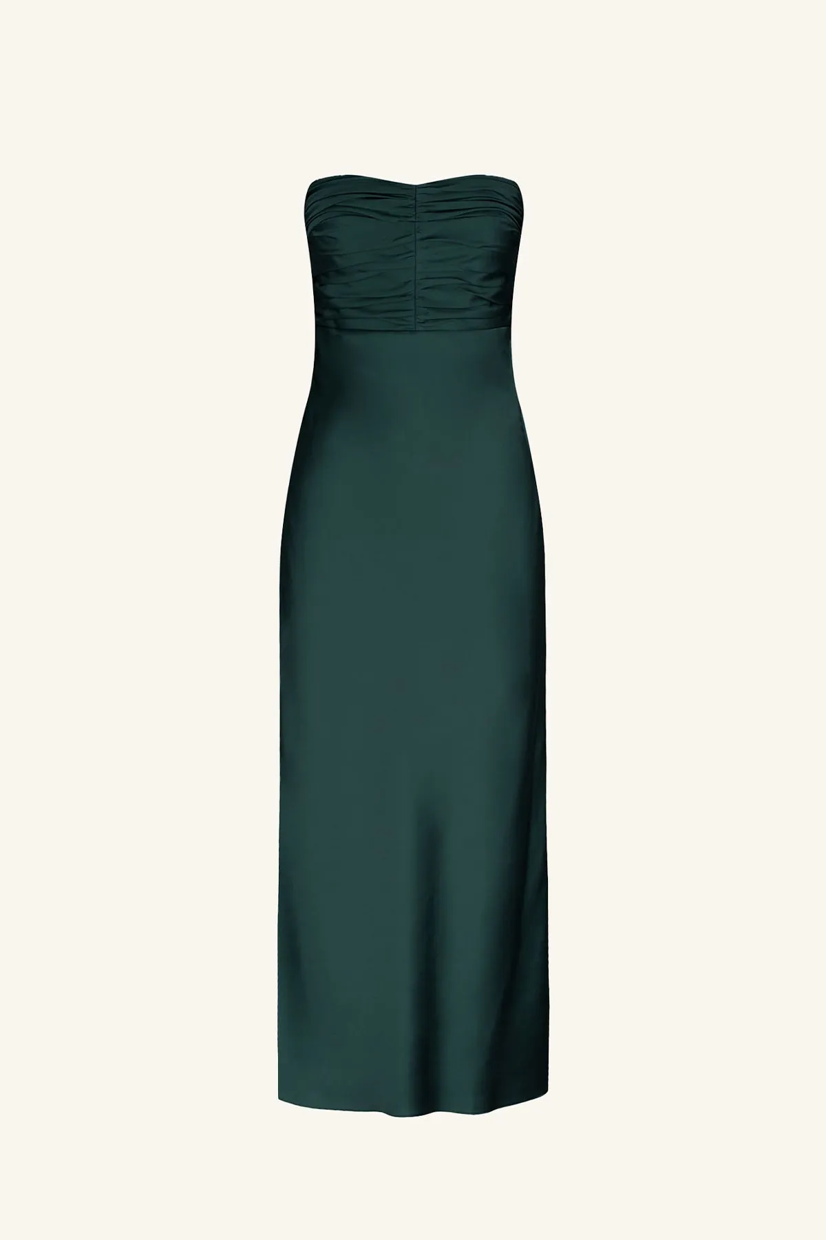 LUXE STRAPLESS RUCHED BODICE MIDI DRESS - EMERALD