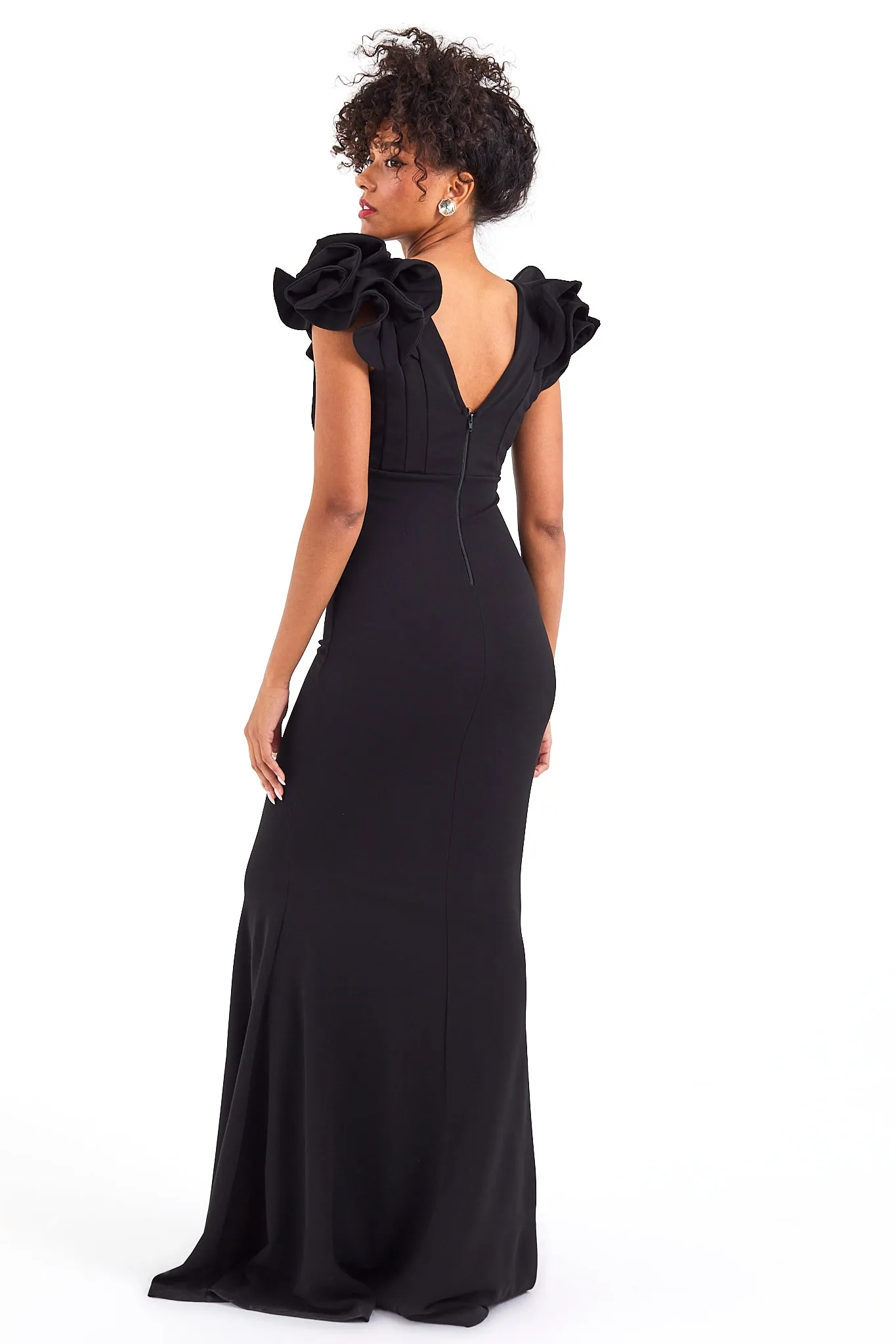 Onyx Black Ruffle Shoulder Gown