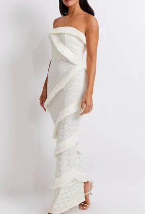 Patbo - Crochet Strapless Fringe Trim Maxi Dress - White