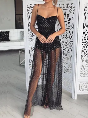 Polka Dot Spaghetti Straps Slit Sexy Mesh Sheer Dress