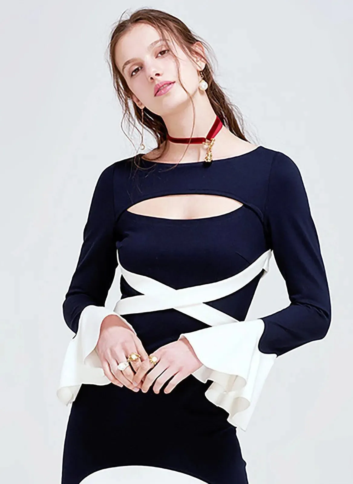 Ruffle Sleeve Cutout High Low Cocktail Dress