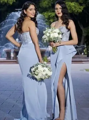 Sheath Strapless Blue Satin Bridesmaid Dress