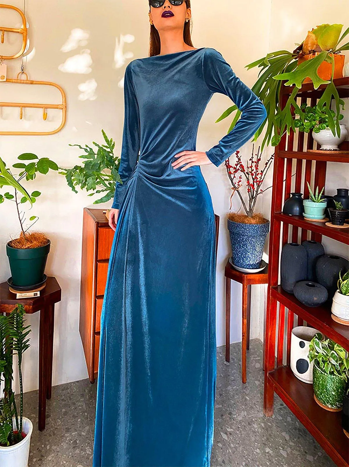 Spandex Velvet Long Sleeve Ruched Maxi Dress