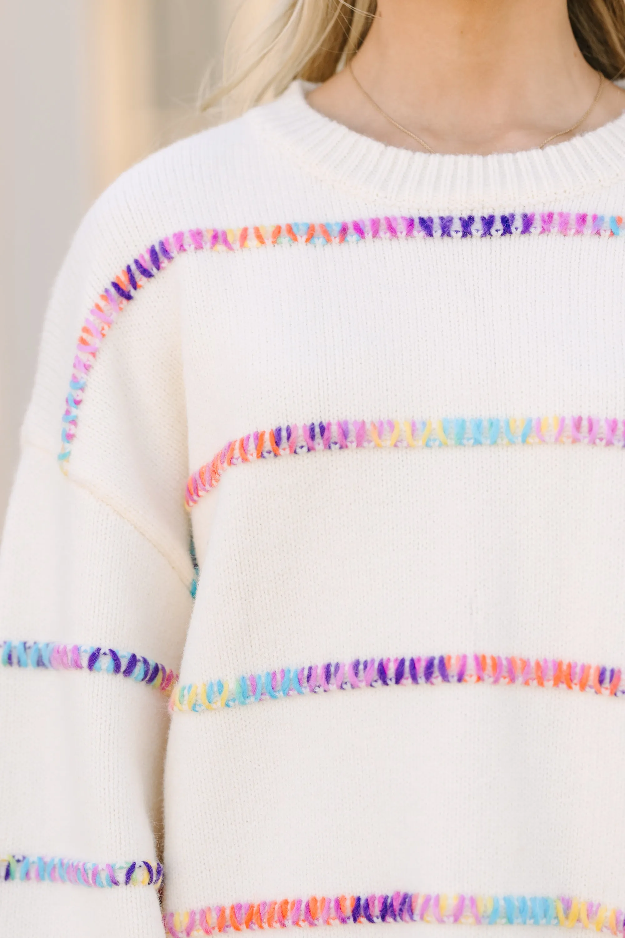 Stuck On You Cream White Rainbow Stitched Sweater