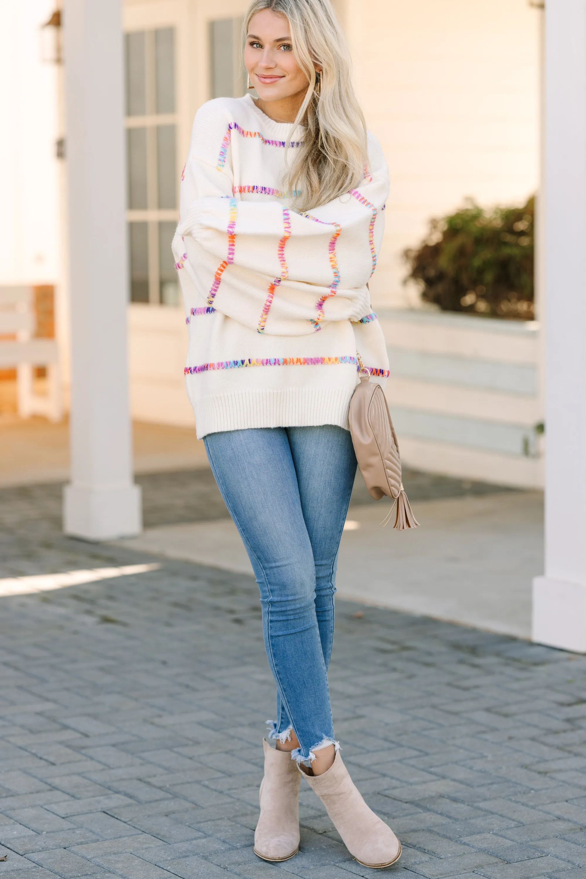 Stuck On You Cream White Rainbow Stitched Sweater