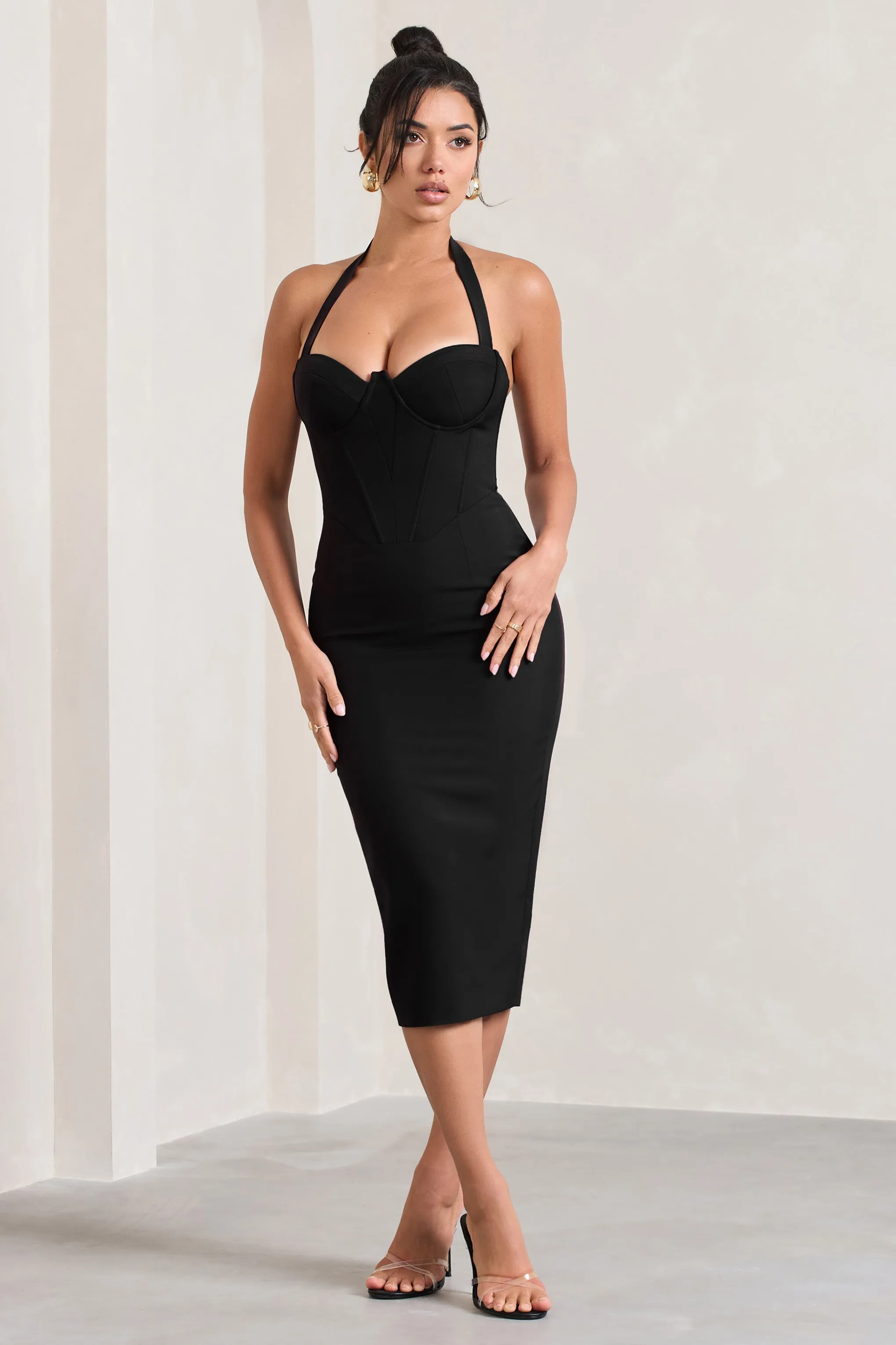 Supermodel | Black Halter-Neck Corset Midi Dress