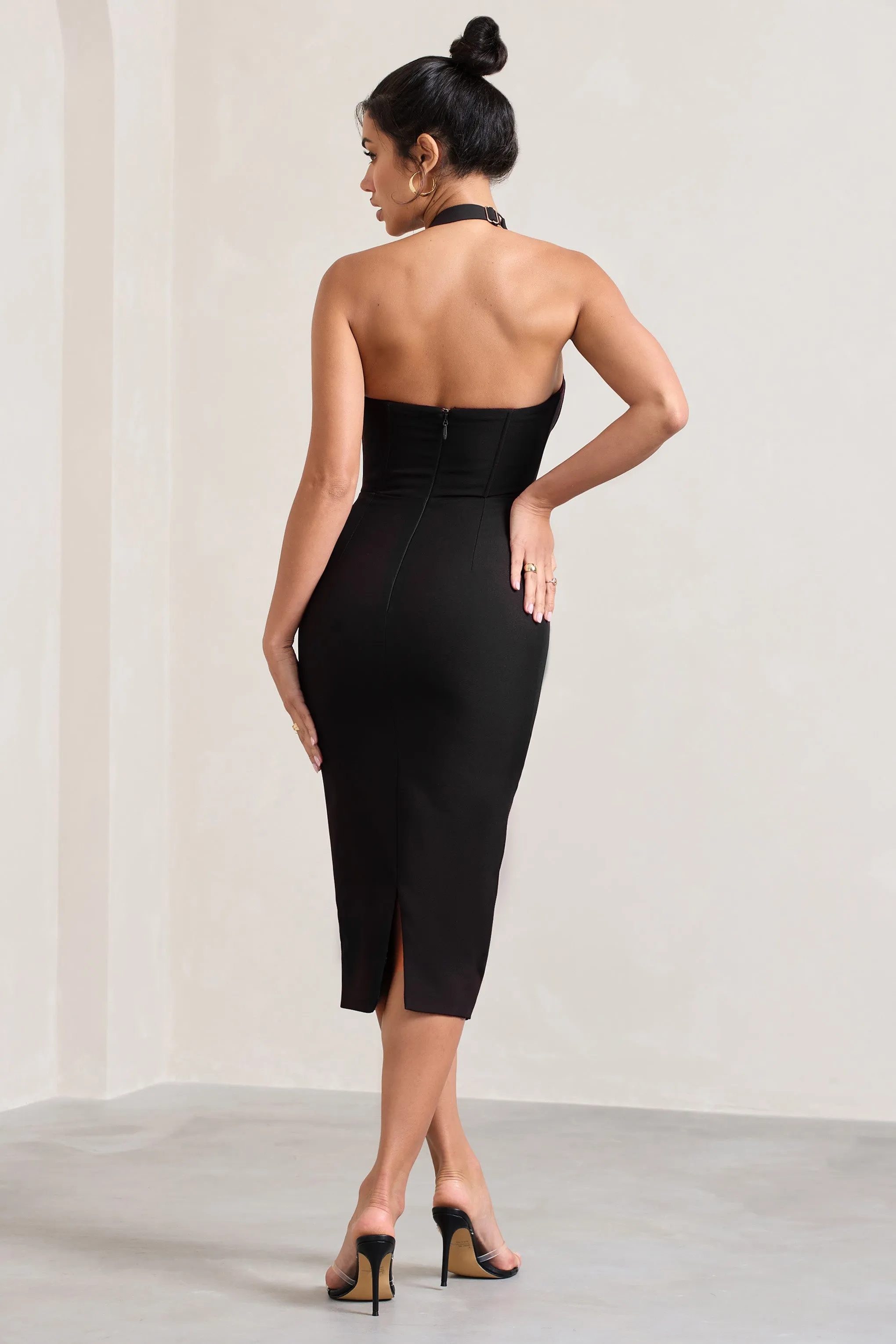 Supermodel | Black Halter-Neck Corset Midi Dress