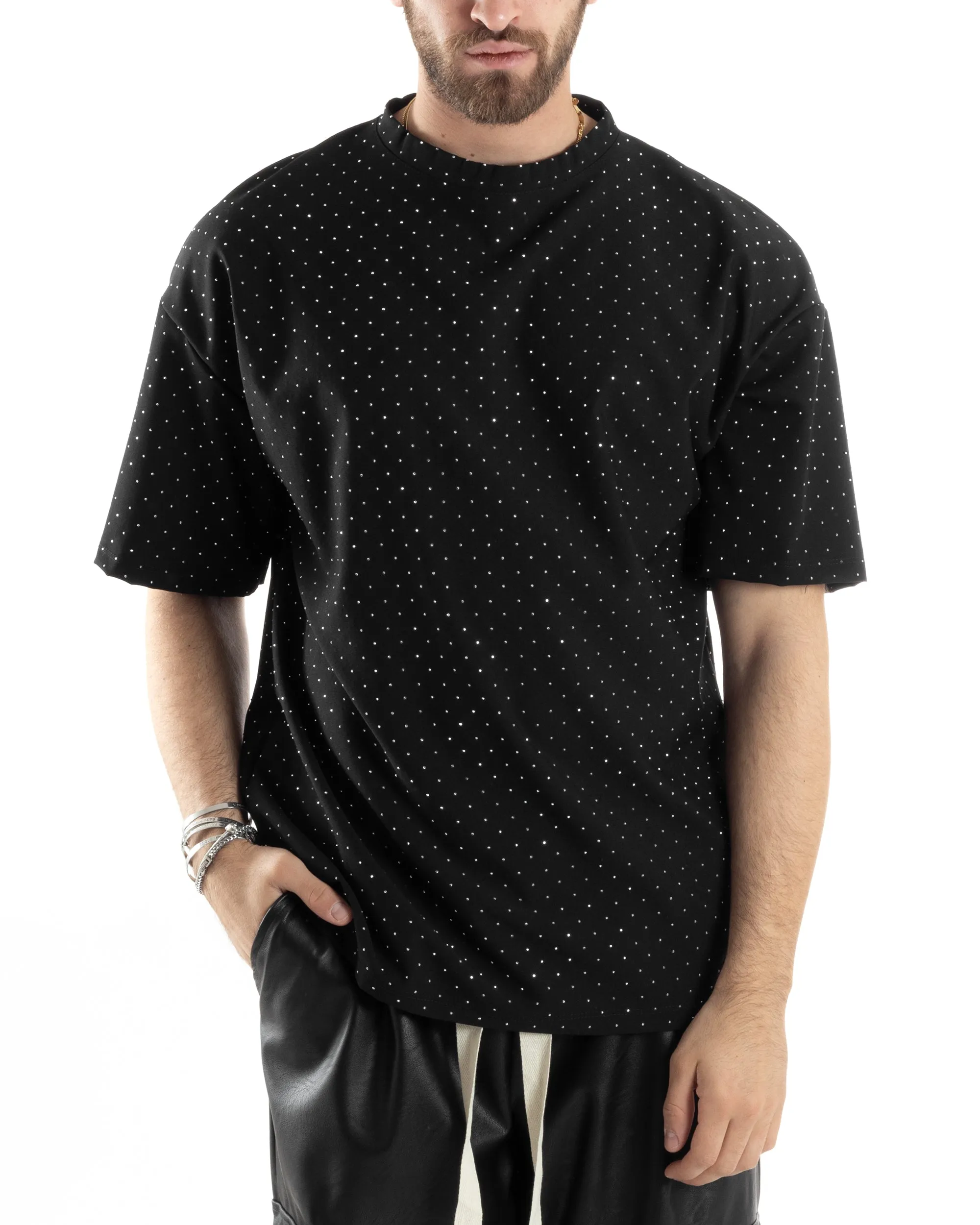 T-shirt Uomo Manica Corta Con Brillantini Viscosa Cotone Casual Strass Diamond Nero GIOSAL-TS3043A