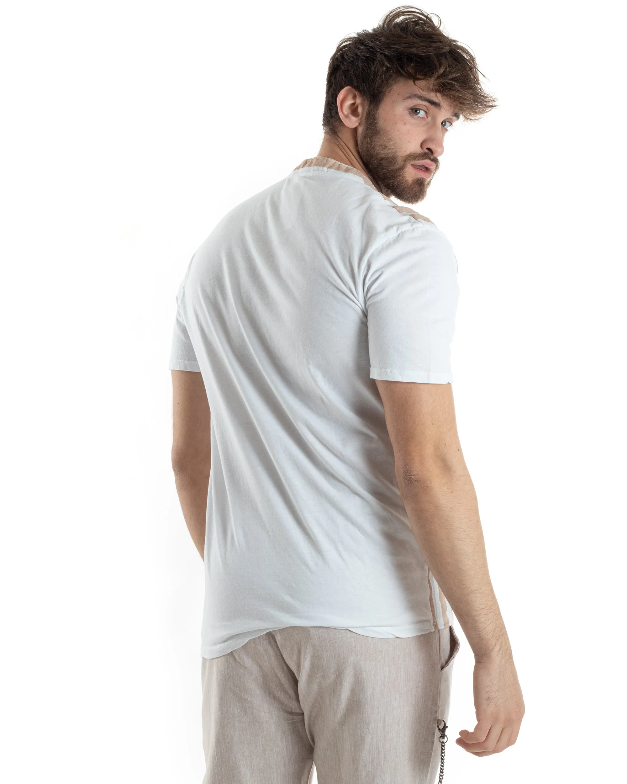 T-shirt Uomo Maniche Corte Serafino Con Bottoni Cotone Lino Casual Rigata Bicolore Beige GIOSAL-TS3029A