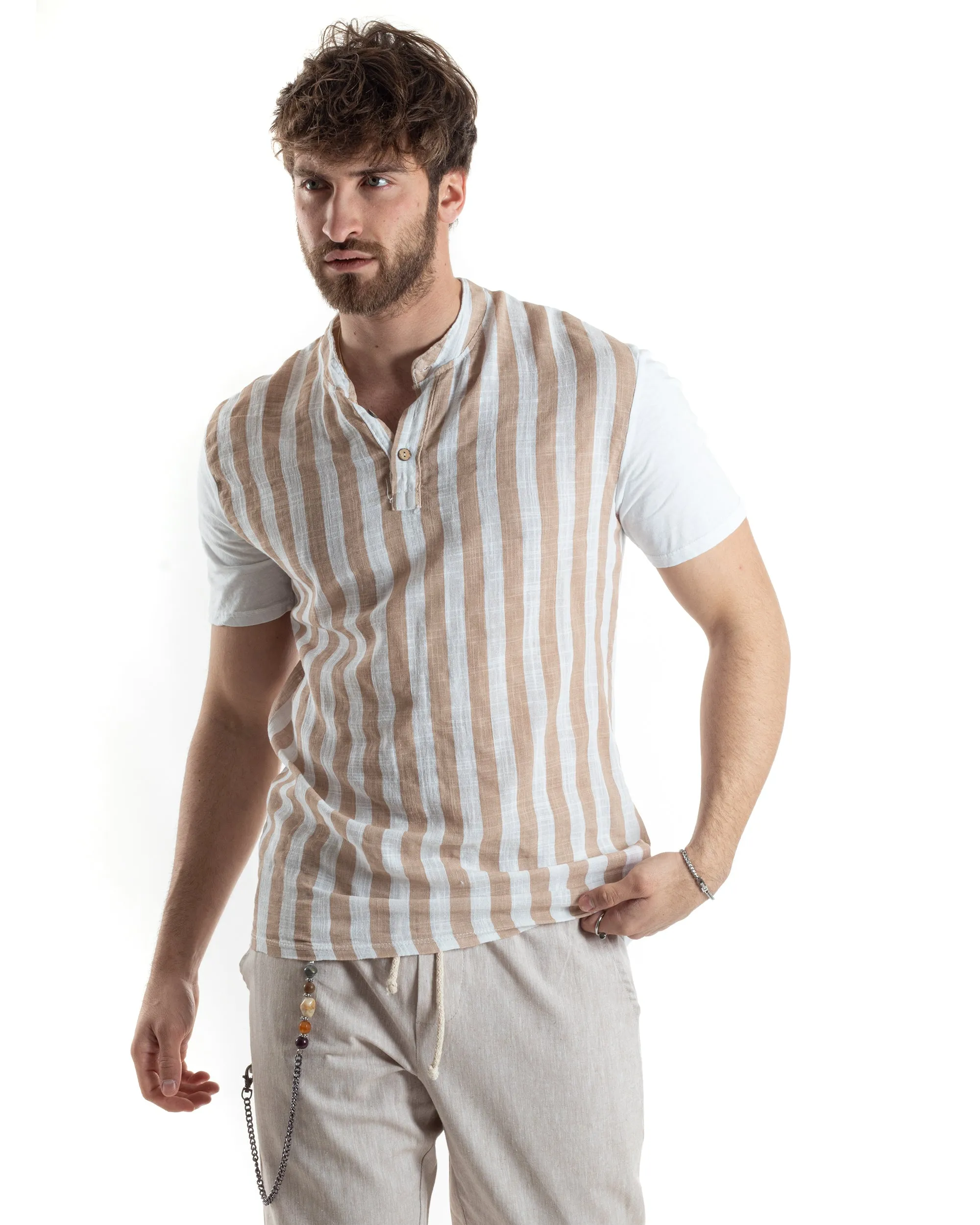 T-shirt Uomo Maniche Corte Serafino Con Bottoni Cotone Lino Casual Rigata Bicolore Beige GIOSAL-TS3029A