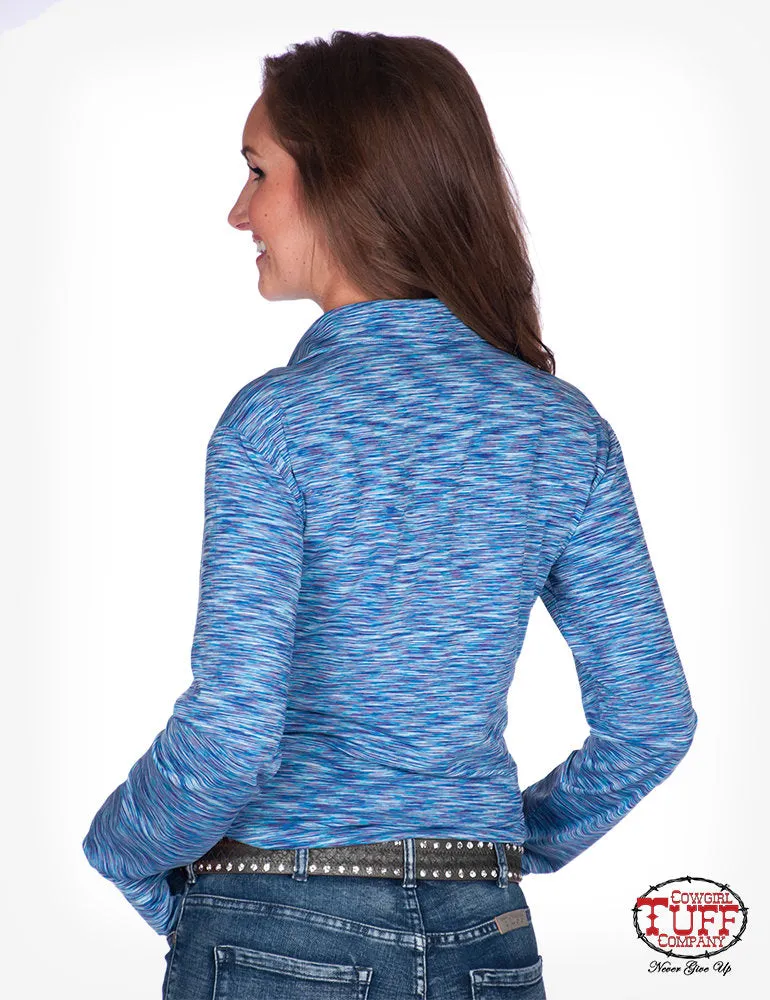 Women's Cowgirl Tuff - Cosmic Blue Stripe Sport Jersey Pullover Button-Up