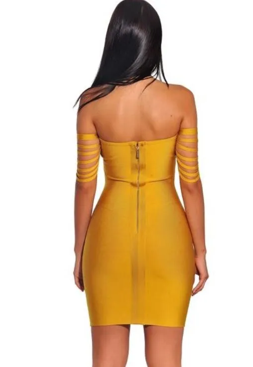 Yellow Fringe Strapless Bandage Dress