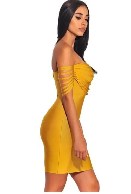 Yellow Fringe Strapless Bandage Dress